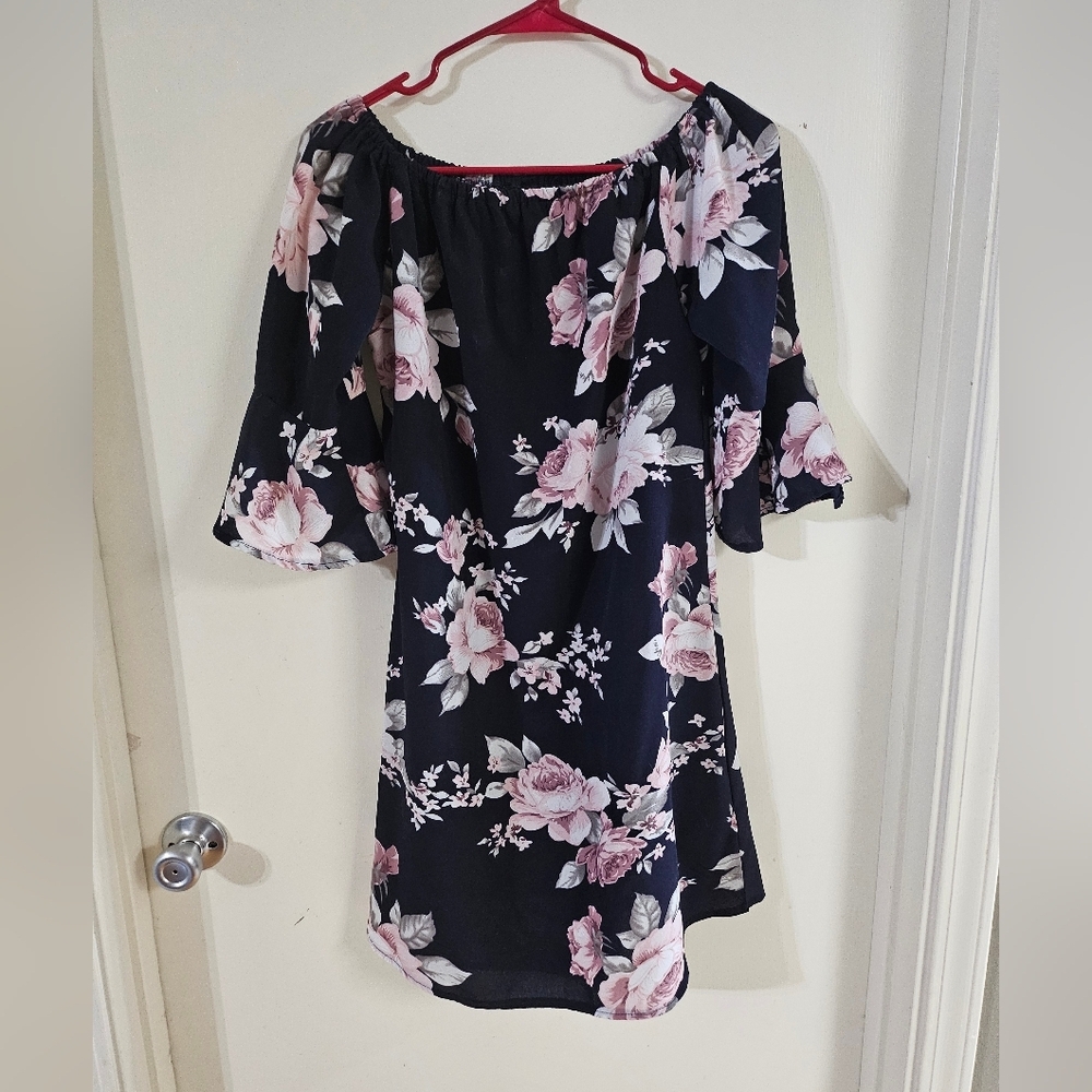 Elegant Off Shoulder Navy Dress with Belt Adorned with Floral Accents